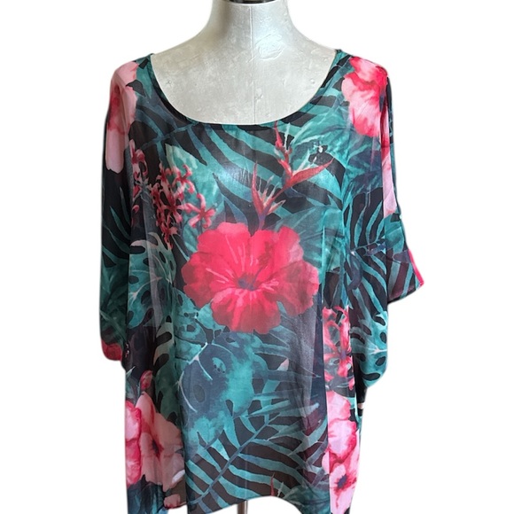 Like New Colleen Lopez Women’s Semi Sheer Tropical Floral Tunic Top size Large - Picture 9 of 11